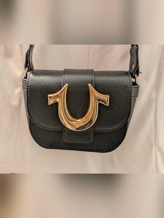 True Religion Handbags - True Religion Small Black Vegan Leather Crossbody Bag with Gold Accent